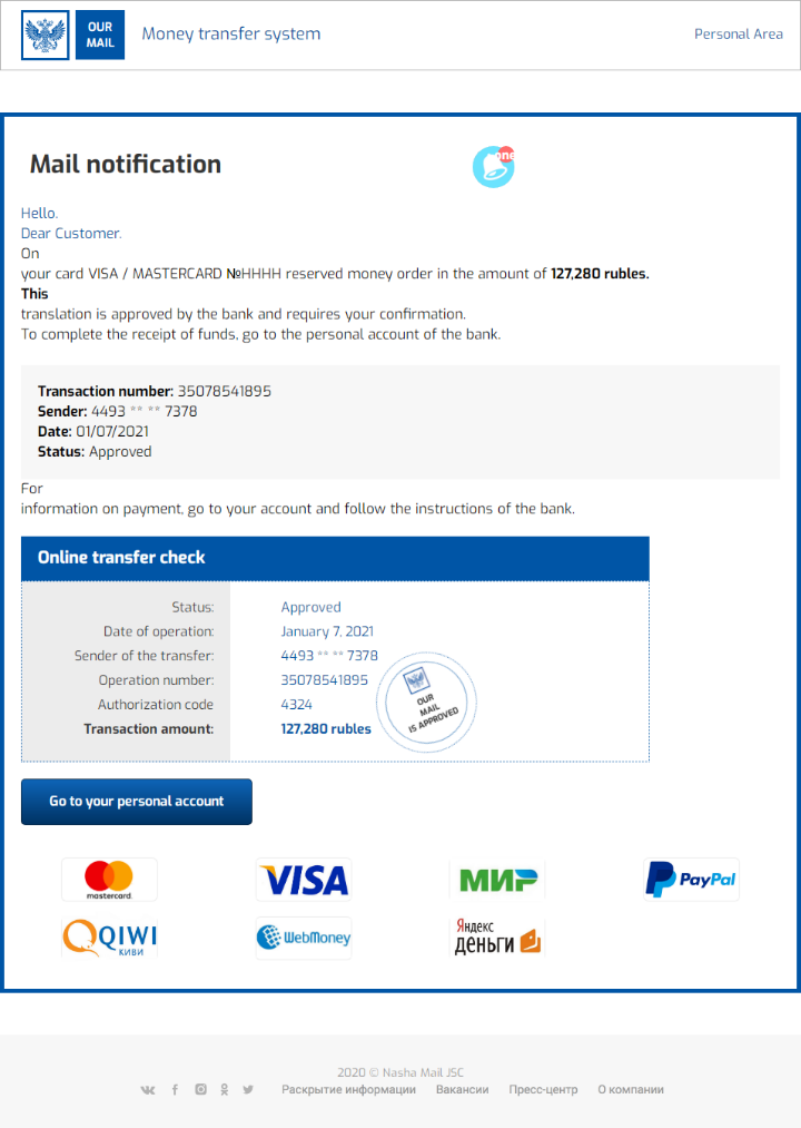 The phishing email used in this money transfer scheme